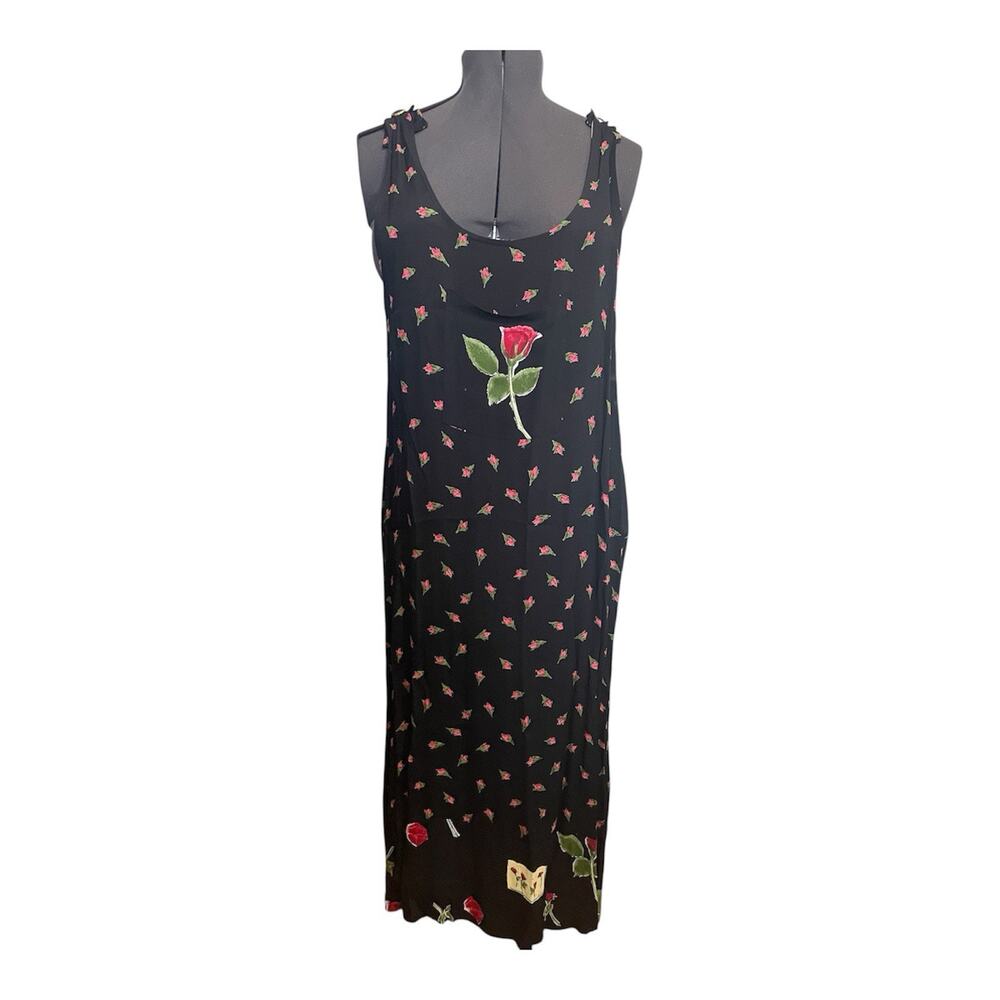 Jenny Helene Vintage Jumper Maxi Dress Size Large Black Red Rose Floral Pockets